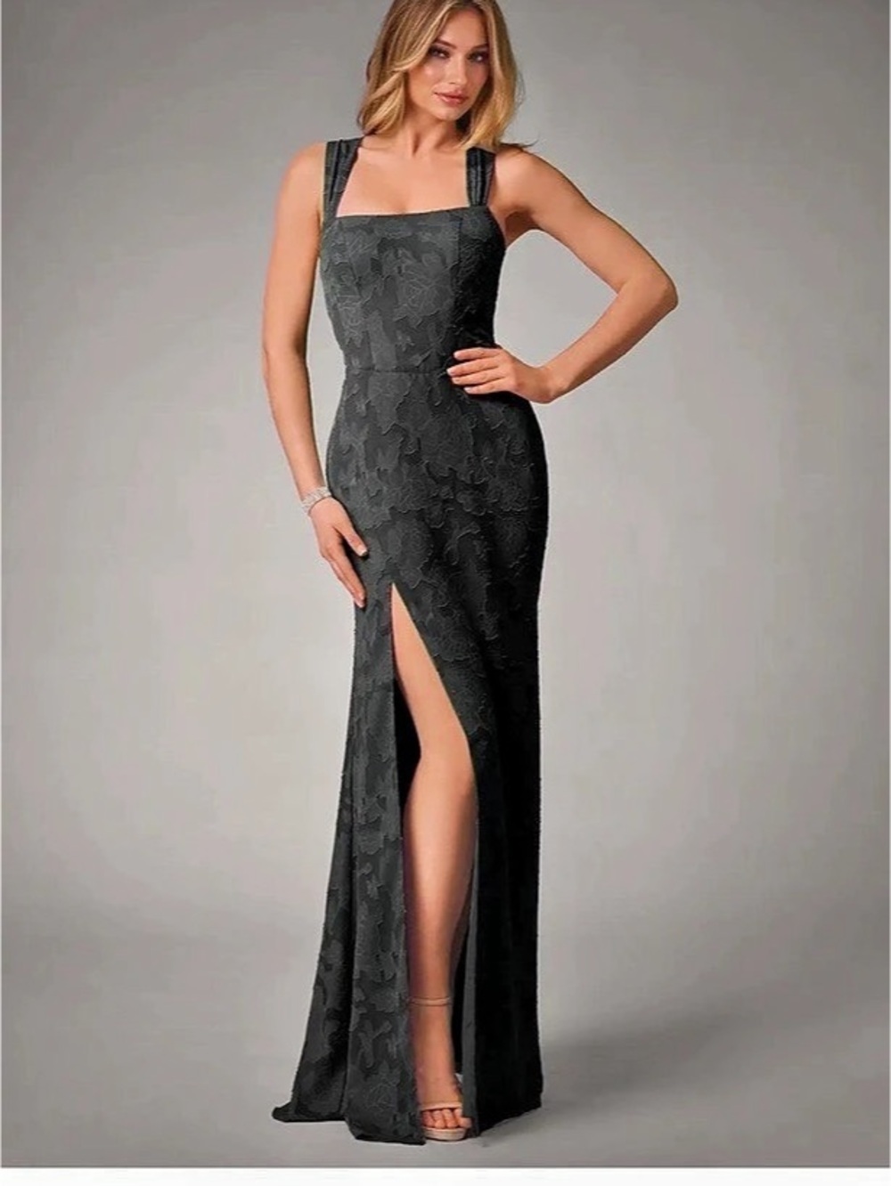 Azazie Luci - Black Mermaid Pleated Floral Burnout Convertible Dress